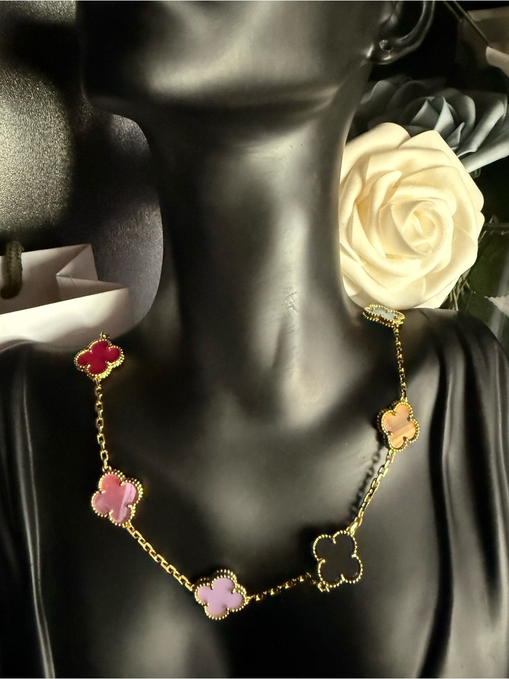 Gold 10 Clover Necklace with Multicolor Stones